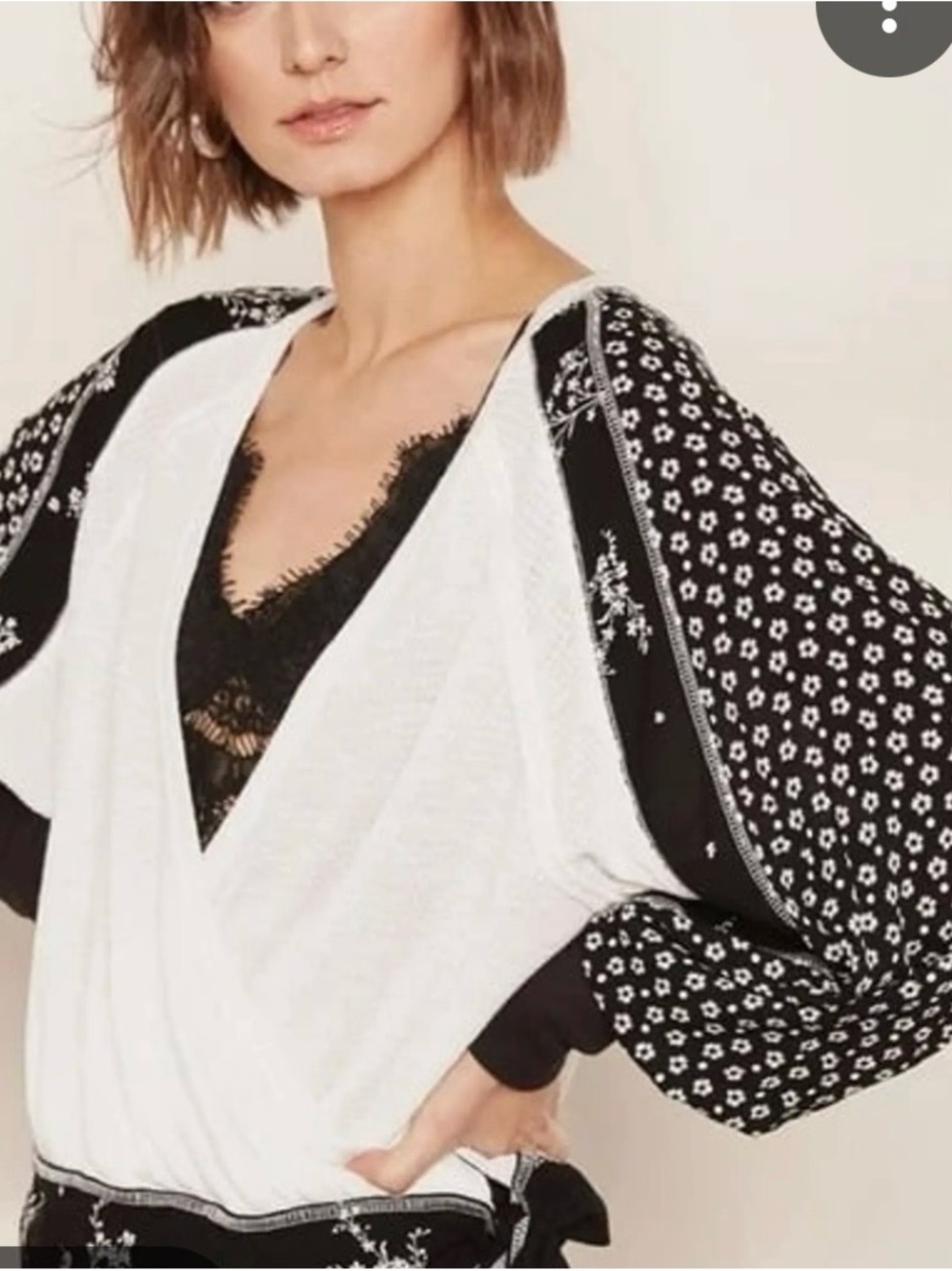 Free People White Top with Black Floral Balloon Sleeves